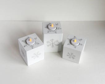 Snowflake Candle Holder, Rustic Candle Holder, Painted Candle Holder, White Candle Holder, Flameless Candle, Christmas Candles