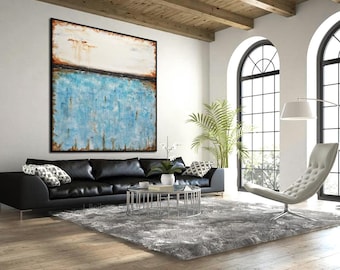 Original Large Square Abstract Painting white blue Contemporary Art Modern Acrylic Turquoise Painting by L.Beiboer