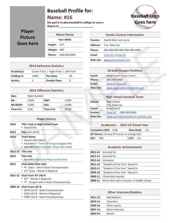 baseball player profile template used for college recruiting