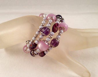 Shades of Purple and Silver Wrap Bracelet, Wraps Around 3.75 times and Fits All Sizes, One of a Kind Bangle, Previously 30 Dollars ON SALE