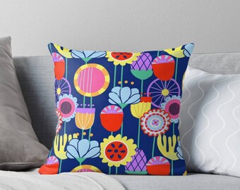 Swedish Folk Art Throw Pillow|Garden|Bright|Blue|Flowers|Home Decor|Interior|Cushion