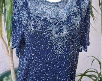Vintage beaded top, sheer, scallop hem & sleeve, scoop neck, zippered back