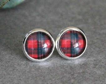 Red Stud Earrings, Red Earrings, Red Plaid Earrings, Red Post Earrings, Plaid Stud Earrings, Red Flannel Earrings, Red Stripe Earrings 10MM