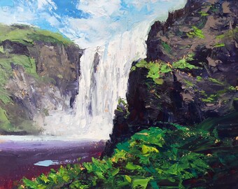 Skogafoss, Icelandic landscape oil painting on paper, 10.5" x 14".