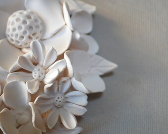Florals Wall Sculpture - White Clay Flower Modern Minimalist Wall Decoration Textured Garden Inspired