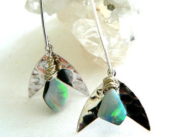 Australian opal silver earrings- Stone gemstone drop earrings- Sterling silver flower opal earrings- Fashion stone earrings- Women gift