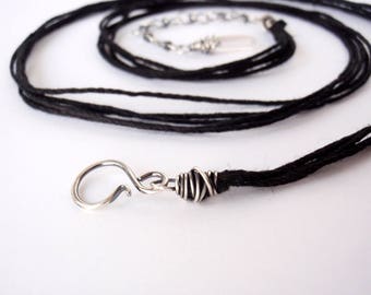 70cm Black Hemp Necklace ~ 28 inch ~ Handcrafted with Eco-Friendly Recycled Sterling Silver ~ Extension Chain with Clear Quartz Drop