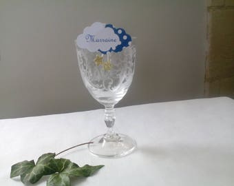 place card baptism clouds Navy Blue and white