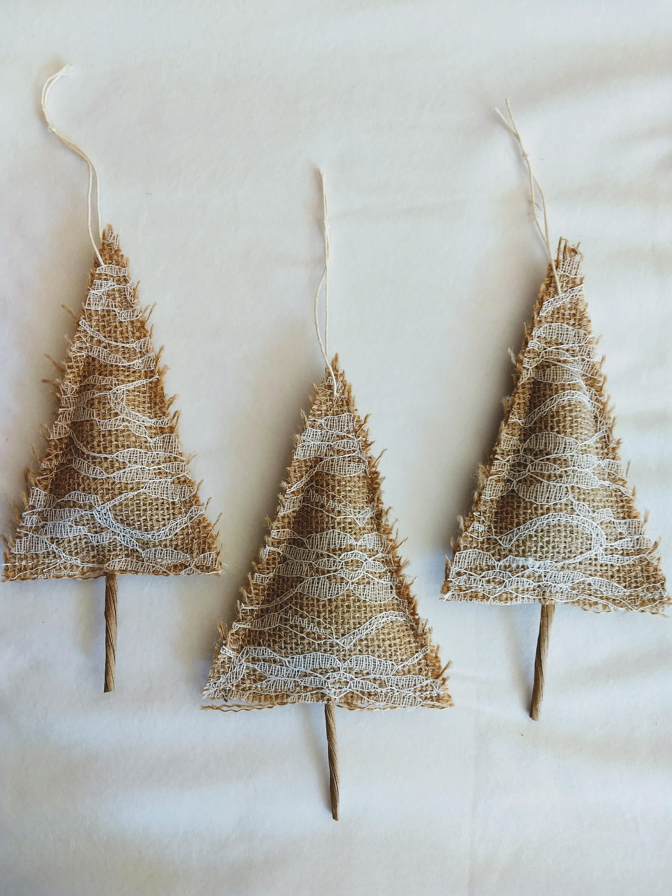 Set of 3 Handmade Burlap Lace Tree Ornaments Decorations