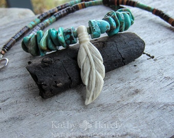 Carved Bone Feather || Feather Necklace | Pen Shell Heishi | Turquoise | Earthy | Organic | Boho Hippie Necklace | OOAK | Choker Necklace