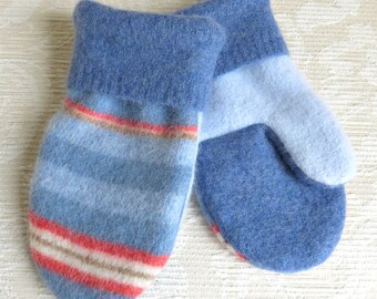 Upcycled Mittens for Kids, Felted Sweater Wool Mittens in Blue and Coral Stripes