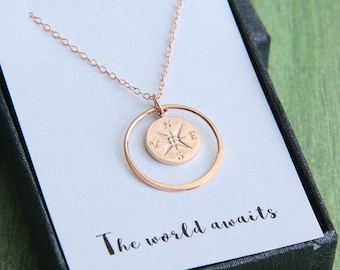 Compass necklace, Rose Gold Compass Necklace, Graduation Gift for Her, Graduation Necklace, The World awaits, Journey Necklace,Class of 2018