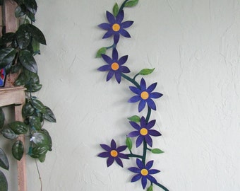Large Metal Wall Art Flower Vine Sculpture Climbing Trailing Purple Flowers Clematis Kitchen Wall Art Indoor Outdoor Recycled Metal 22 x 42