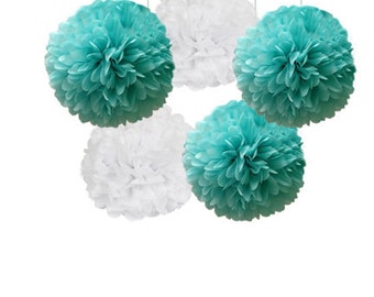 Tiffany Blue and White Tissue Paper Pom Poms 5 Piece Set - Weddings - Bridal Shower -Frozen - Birthday - Nursery - Party Decorations