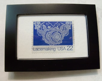 Lace Stamp, Vintage Stamp, Framed Postage Stamp, Lace, Gift under 10, Framed Lace, Gift for Her, Postage stamp
