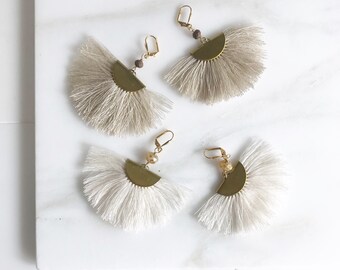 Neutral Tassel Chandelier Earrings. Dangle Earrings. Statement Earrings. Jewelry Gift. Gold Tassel Earrings. Chandelier Earrings Gift.