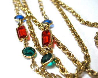 Multiple Chain Rhinestone Necklace, 1960's, Multi Chains, Red, Green, Blue Glass Stones, Gold Tone, Statement, Gift Idea, Excellent