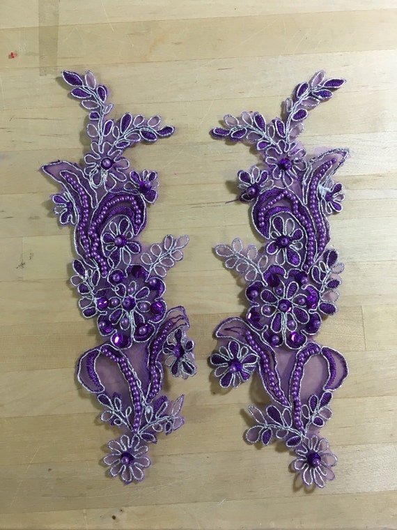 Purple Beaded Appliques with silver metallic threading Beaded