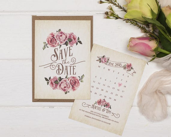 Rustic Save The Date Card - A6 Ivory Rustic Rose