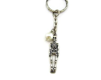 Silver Skeleton Keychain Glass Pearl Keychain Birthstone Keychain Anatomy Keychain Human Skeleton Keychain
