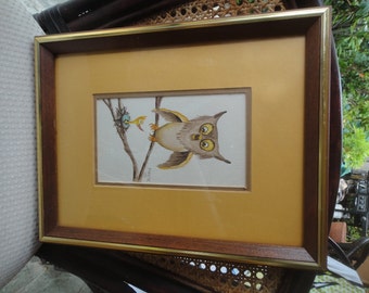 Vintage Animated owl and chick watercolor Monte