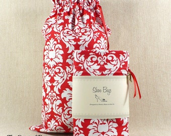 Damask, Shoe Bags, Red Damask, Lingerie, Travel, Limited Edition, cotton drawstring bag, 2 bags