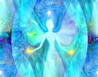 Reiki Angel Chakra Art, Blue Teal Wall Decor, Energy Art Print "Aura Angel"