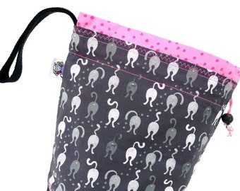 Small Knitting Project Bag Crochet Drawstring Tote WIP Bag - Rude Cats