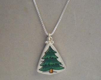 Broken China Jewelry Pine Tree Necklace Christmas Tree Necklace Ceramic Vintage Plate Joy of Christmas