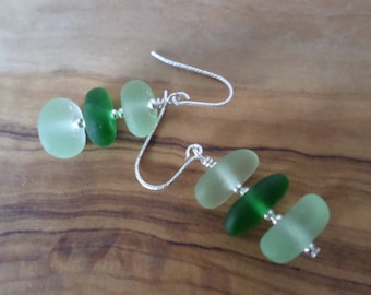 Green Stacked Sea Glass Sterling Silver Earrings, Seaglass Earrings, Beachglass Earrings, Sea Glass Earrings, Stack, Green