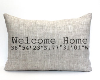 housewarming gift, longitude and latitude pillow, graduation gift, wedding gift, coordinates pillow - "The Welcome Home"