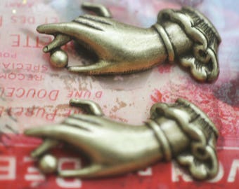 Neo Victorian Brass Stampings of Hand with Pearl, TWO, Brass Ox Stampings, Brass Ox Supplies, Craft Supplies, Findings