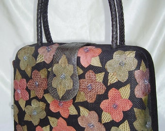 TIMMY WOODS box-shape handbag woven straw & snakeskin