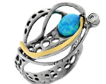 Silver and Gold ring, synth Blue Opal + Clear CZ Ring, Womens silver ring, Unique silver ring, handmade