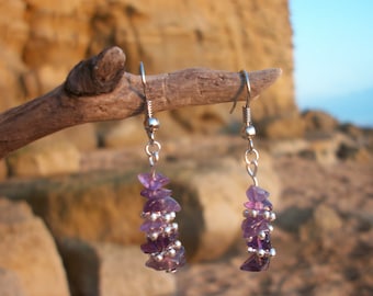 Amethyst semi precious chip stack earrings with silver beads