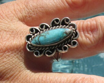 Ornate Turquoise and Sterling Statement Ring Size 7.75