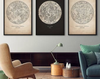 Antique Astronomy Print Set, Star Map Print, Star Chart Print, Constellation Art, Constellations Chart, Moon Print, Nautical Decor, Wall Art