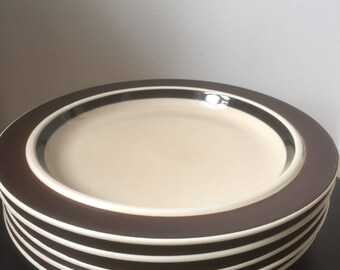 Set of 7 /Arabia /Finland /RUIJA /Plates/Raija Uosikkinen/Hand Painted /Stoneware/Brown Rim/Scandinavian Design