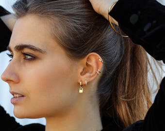 Gold Padlock Earrings , lock gold earrings, Huggie lock Earrings, Silver Hoop lock Earrings, Small Pendant lock Earrings, gold lock earrings