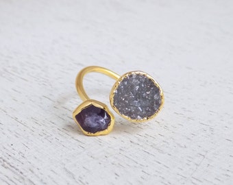 February Birthstone, Amethyst Ring, Amethyst Druzy Ring, Dual Stone Ring, Natural Stone Ring, Crystal Ring, Adjustable Gemstone Ring, R3-12