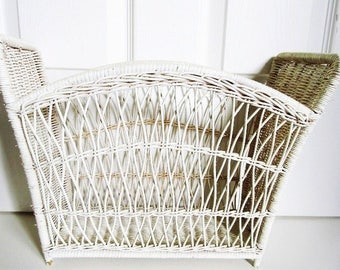 White Wicker Magazine Holder, Vintage Craft Caddy