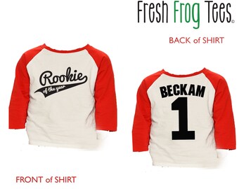 First Birthday Rookie of the Year Shirt - 3/4 or long sleeve relaxed fit raglan baseball shirt - any age and name - pick your colors!