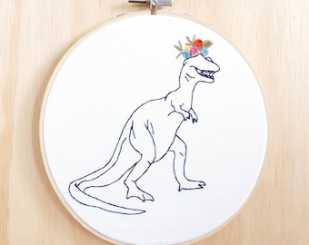 Flower-saurus Rex hand embroidered Hoop Art, wall art