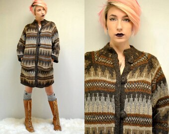 Long Cardigan FAIR ISLE SWEATER 70s Sweater Wool Cardigan Chunky Cardigan Sweater Coat Hand Knit Sweater Hand Knitted Sweater Oversized