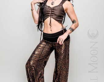 NEW: The Crescent Flare Harem Pants in Black and Metallic Copper Print by Opal Moon Designs (Size XS-XL)