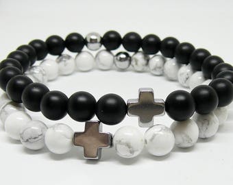 Cross bracelets Couples bracelets set for his and hers Black and White bracelet Energy bracelet Howlite bracelet gift for men and women gift