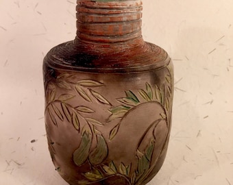 Smoke-Fired Vase with Pea Tendrils and Pods
