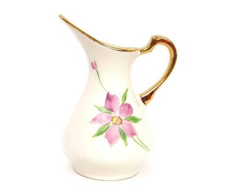 Vintage Pink floral Creamer Demitasse Ivory Pitcher Heavy Gold Trim Hand Painted Miniature Ewer