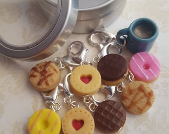 Knitting stitch markers, polymer clay biscuits, tea and biscuit charms, knitting notions, planner accessory, food charms