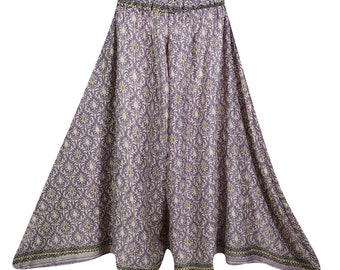 PURPLE Smocked High Waist Divided Long Skirt Vintage Upcycled Silk Sari  Flare Wide Leg Pant Split Maxi Skirt S/M